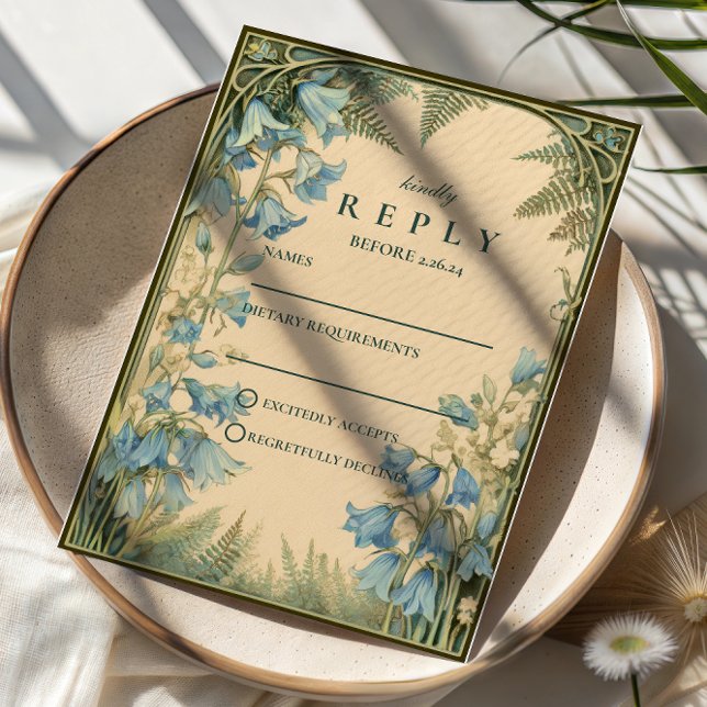 Cartão RSVP Bluebell Art Nouveau Wedding (Criador carregado)