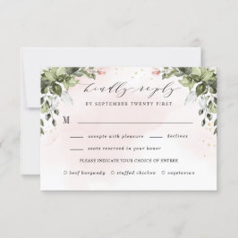 Cartão RSVP Blush Dourado Meal Choice Casamento Verde Dusty Bl
