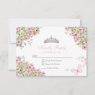 Cartão RSVP Blush Floral Rosa e Verde Borboleta Quinceañera