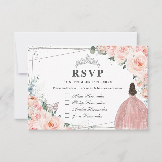 Cartão RSVP Blush Floral Silver QUINCEAÑERA Responder Nomes de (Frente)