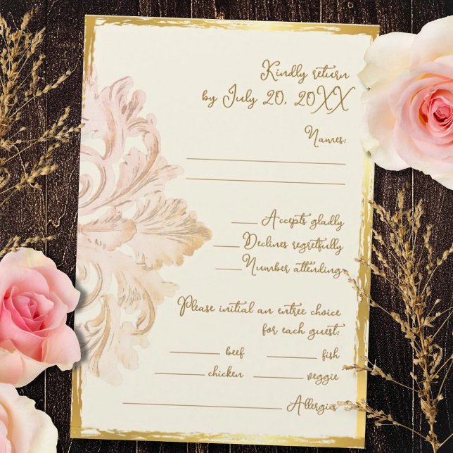 Cartão RSVP Blush Gold Baroque Vintage Elegance (Elegant baroque RSVP card in gold and blush tones with ornate flourishes and refined vintage charm.)