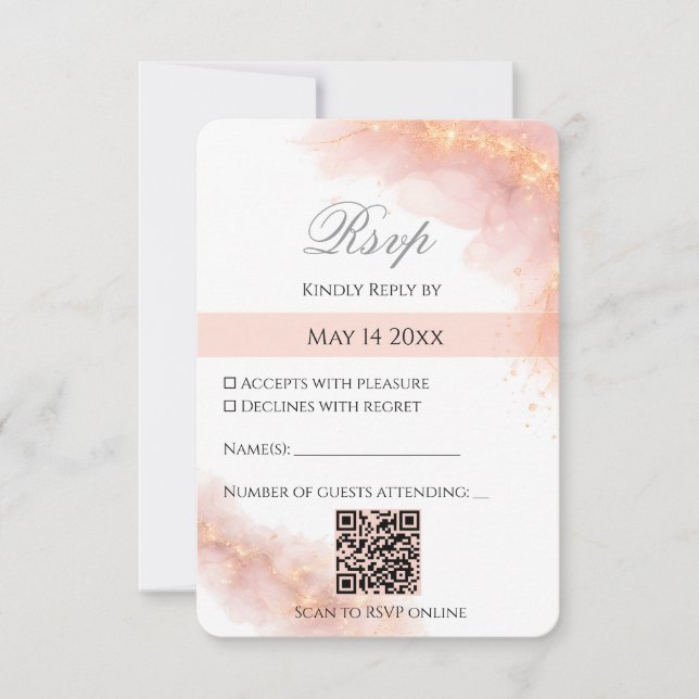 Cartão RSVP Blush Gold QR  Sparkle Romantic Wedding Elegance (Frente)