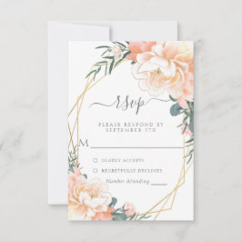 Cartão RSVP Blush Peach Cream Dourado Casamento Floral Verde d