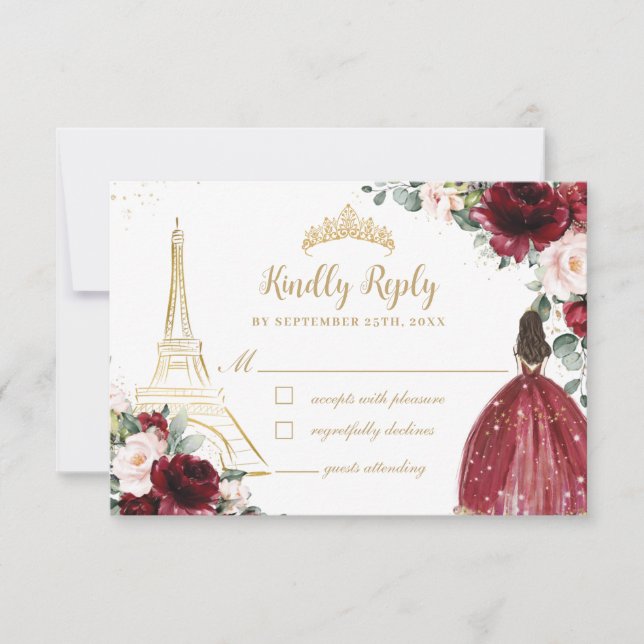 Cartão RSVP Blush Pink Floral Dourada Paris Princesa Quinceañe (Frente)