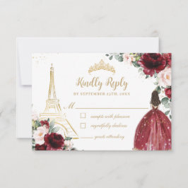 Cartão RSVP Blush Pink Floral Dourada Paris Princesa Quinceañe