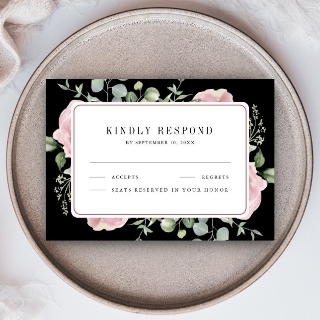Cartão RSVP Blush Pink Floral Eucalyptus Black Wedding (Criador carregado)