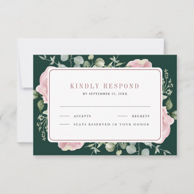 Cartão RSVP Blush Pink Floral Eucalyptus Emerald Green Wedding (Frente)
