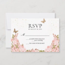 Cartão RSVP Blush Pink Floral Gold Butterfly Quinceanera