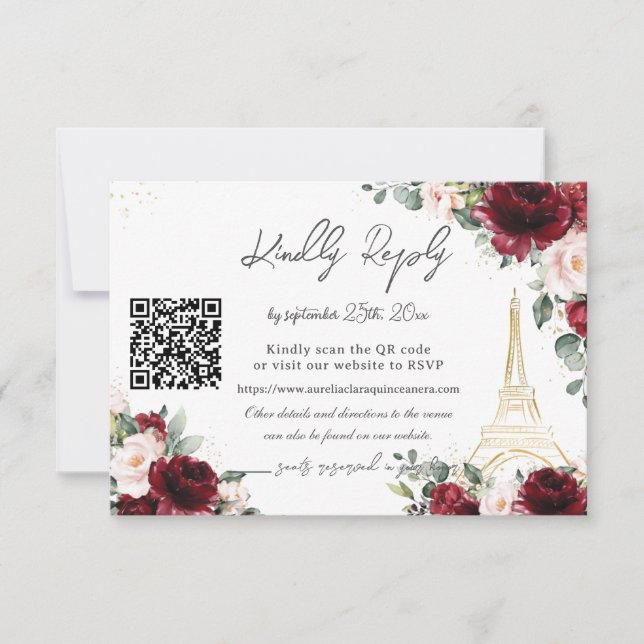 Cartão RSVP Blush Pink Floral Paris Eiffel Quinceañera QR  (Frente)