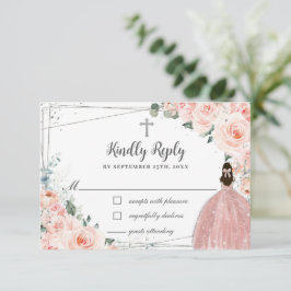 Cartão RSVP Blush Pink Floral Silver Baptism Christening Girl