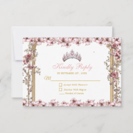 Cartão RSVP Blush Pink Golden Tiara Floral Quinceañera