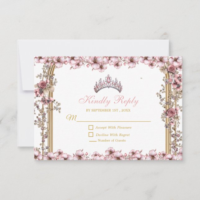 Cartão RSVP Blush Pink Golden Tiara Floral Quinceañera (Frente)