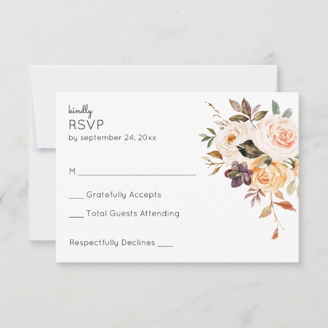 Cartão RSVP Blush Pink & Peach Rustic Floral no Meal Casamento (Frente)