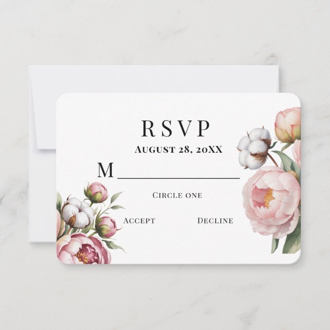 Cartão RSVP Blush Pink Peony and Cotton Wedding (Frente)