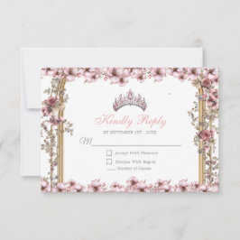 Cartão RSVP Blush Pink Silver Tiara Floral Quinceañera