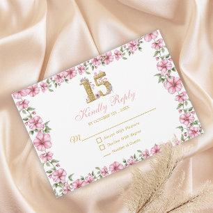 Cartão RSVP Blush Rosa Dourado Meus Quinze Glitter Quinceañera
