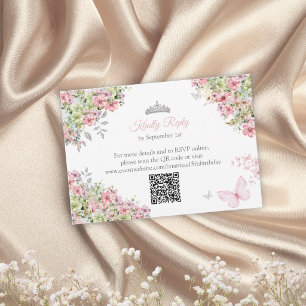 Cartão RSVP Blush Rosa e Verde Floral Borboleta Quinceañera
