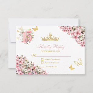 Cartão RSVP Blush Rosa Floral Borboletas Douradas Quinceañera