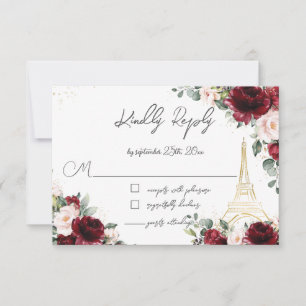 Cartão RSVP Blush Rosa Floral Dourado Paris Eiffel Quinceañera