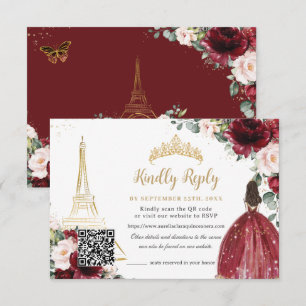 Cartão RSVP Blush Rosa Floral Dourado Paris Quinceañera Código