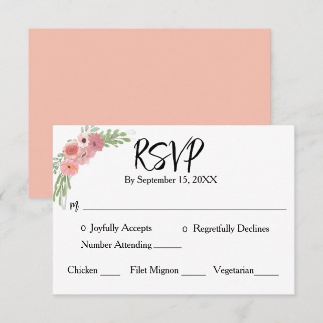 Cartão RSVP Blush Rosa Floral Moderno Script Casamento  (Frente/Verso)