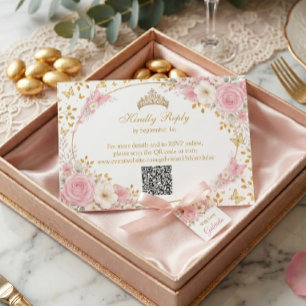 Cartão RSVP Blush Rosa Quinceañera Borboleta Dourada