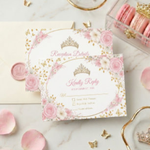 Cartão RSVP Blush Rosa Quinceañera Borboleta Dourada 
