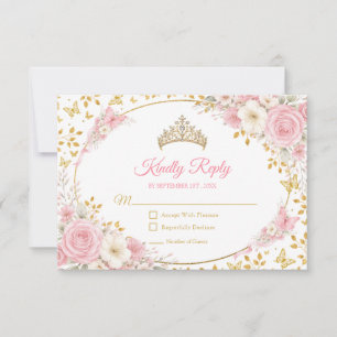 Cartão RSVP Blush Rosa Quinceañera Borboleta Dourada