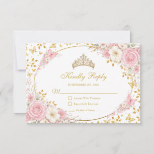 Cartão RSVP Blush Rosa Quinceañera Borboleta Dourada
