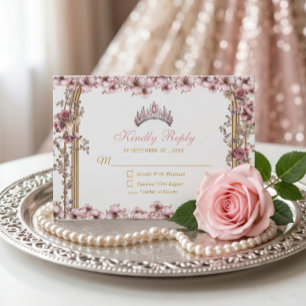 Cartão RSVP Blush Rosa Tiara Floral Quinceañera