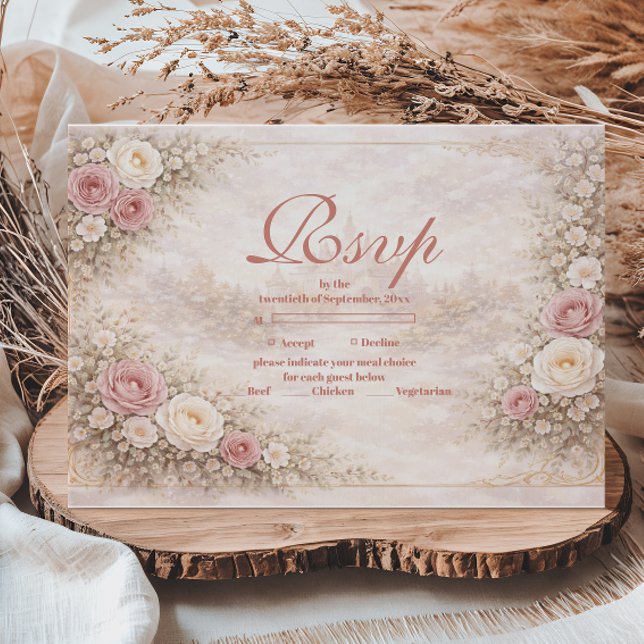 Cartão RSVP Blush Rose Gold Garden Quinceañera (Criador carregado)