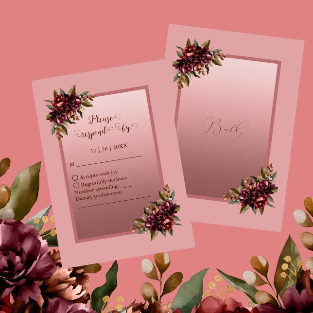 Cartão RSVP Blush Rose Gold Script - Burgundy floral wedding (Criador carregado)