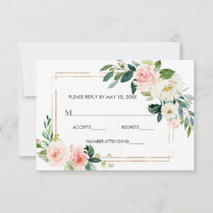 Cartão RSVP Blush White Bloom Dourado Frame Floral Casamento R