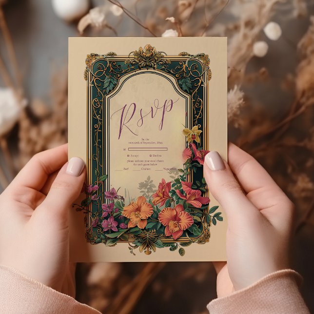 Cartão RSVP Boas Festas Botânicas Arte Nouveau Casamento (Criador carregado)