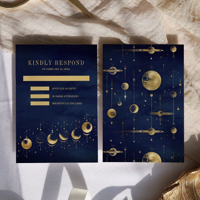 Cartão RSVP Bodas das Fases da Lua Crescente Dourada Azul Cele (Criador carregado)