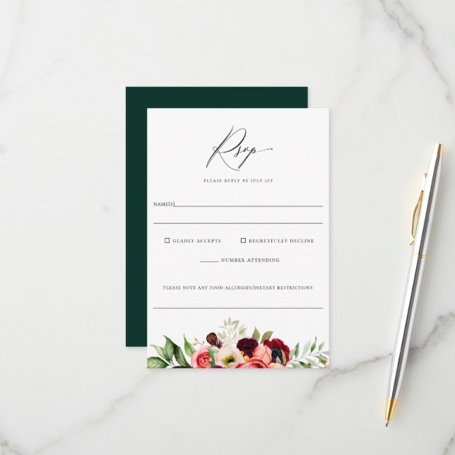 Cartão RSVP Bohemian Blooms Floral Wedding Alergia Comida (Frente/Verso In Situ)