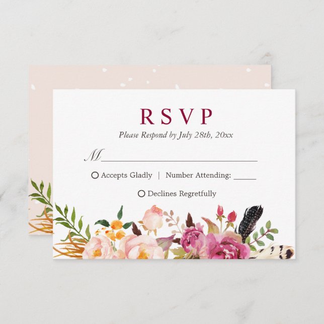 Cartão RSVP Bohemian Feather Rustic Floral Boho (Frente/Verso)