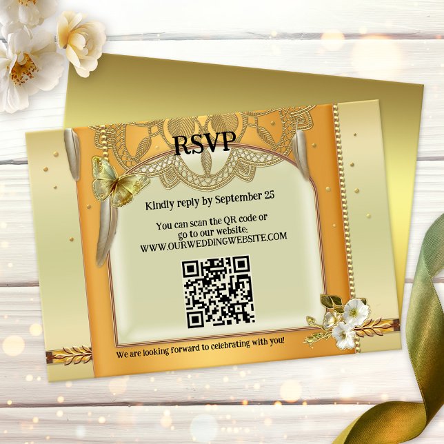 Cartão RSVP Bohemian QR Code Dreamcatcher Weding (RSVP card featuring a dreamcatcher inspired gold design with feathers with a QR code template)
