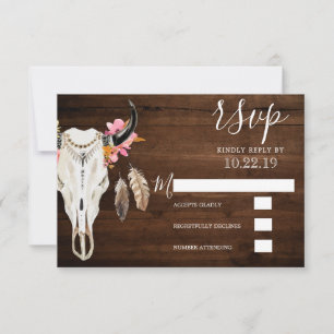 Cartão RSVP Boho Antler Casamento Rustico De Madeira Escura