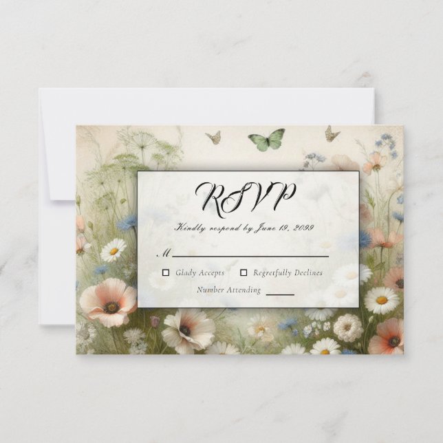 Cartão RSVP Boho Blooms e Vintage Vows Casamento (Frente)