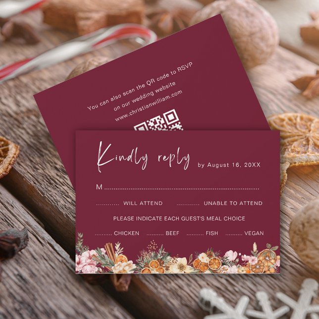 Cartão RSVP Boho Burgundy Winter Holiday Weday Código QR (Criador carregado)