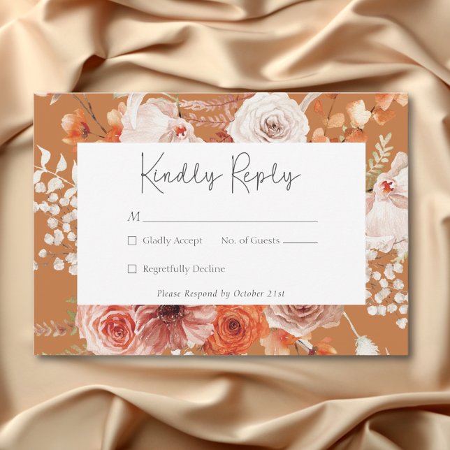 Cartão RSVP Boho Burnt Orange Fall Floral Monograma Rust (Boho Burnt Orange Fall Floral Monogram Rust RSVP Card)