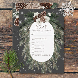 Cartão RSVP Boho Charcarbonet Pine Winter Sparkle Três Janto