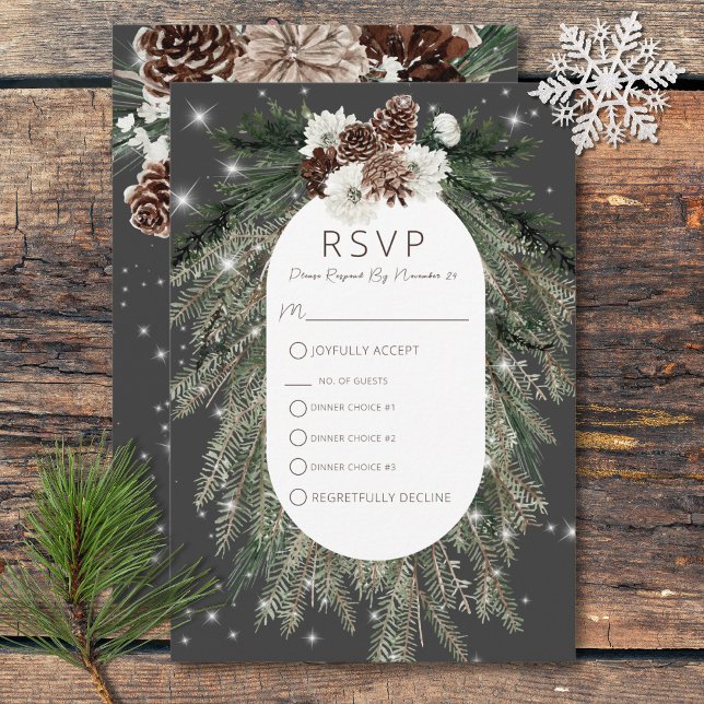 Cartão RSVP Boho Charcarbonet Pine Winter Sparkle Três Janto (Boho Charcoal Pine Winter Sparkle Three Dinner RSVP Card)