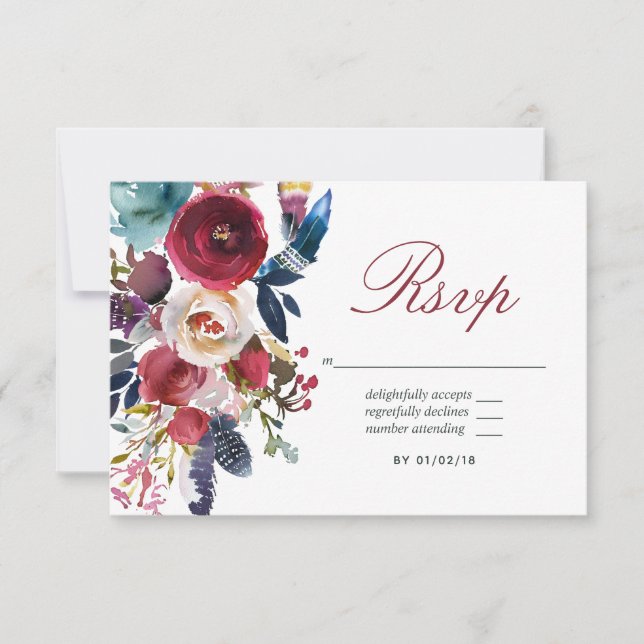 Cartão RSVP Boho Chic Burgundy e Casamento outono de outono de (Frente)