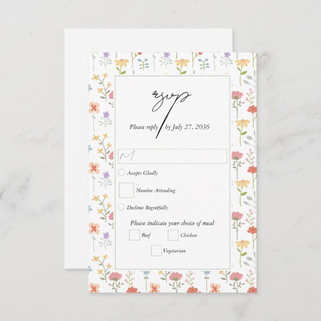 Cartão RSVP Boho Chic Flores Silvestres Casamento Floral Moder (Frente/Verso)