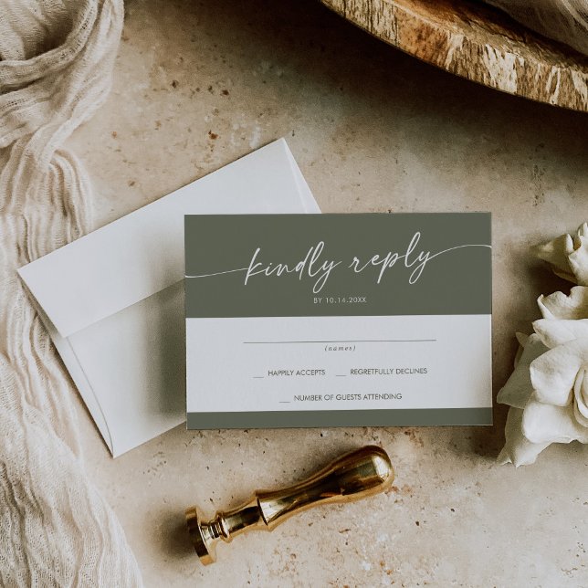 Cartão RSVP Boho Chic Olive Green Casamento Simples (Criador carregado)