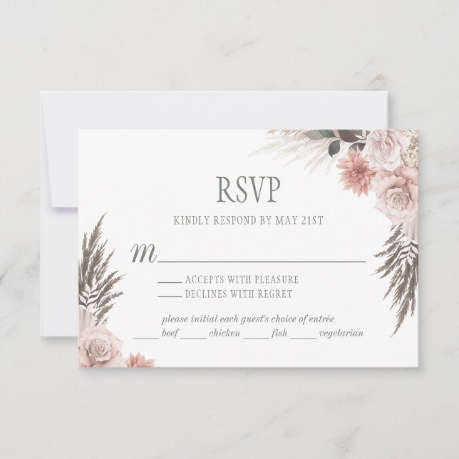 Cartão RSVP Boho Chic Pampas Grass Pink Sage Casamento Floral (Frente)