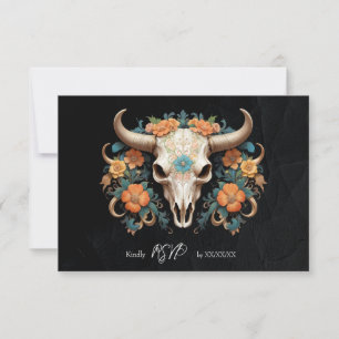 Cartão RSVP Boho Chic Watercolor Vaca Floral Casamento Crânio