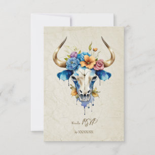 Cartão RSVP Boho Chic Watercolor Vaca Floral Casamento Crânio
